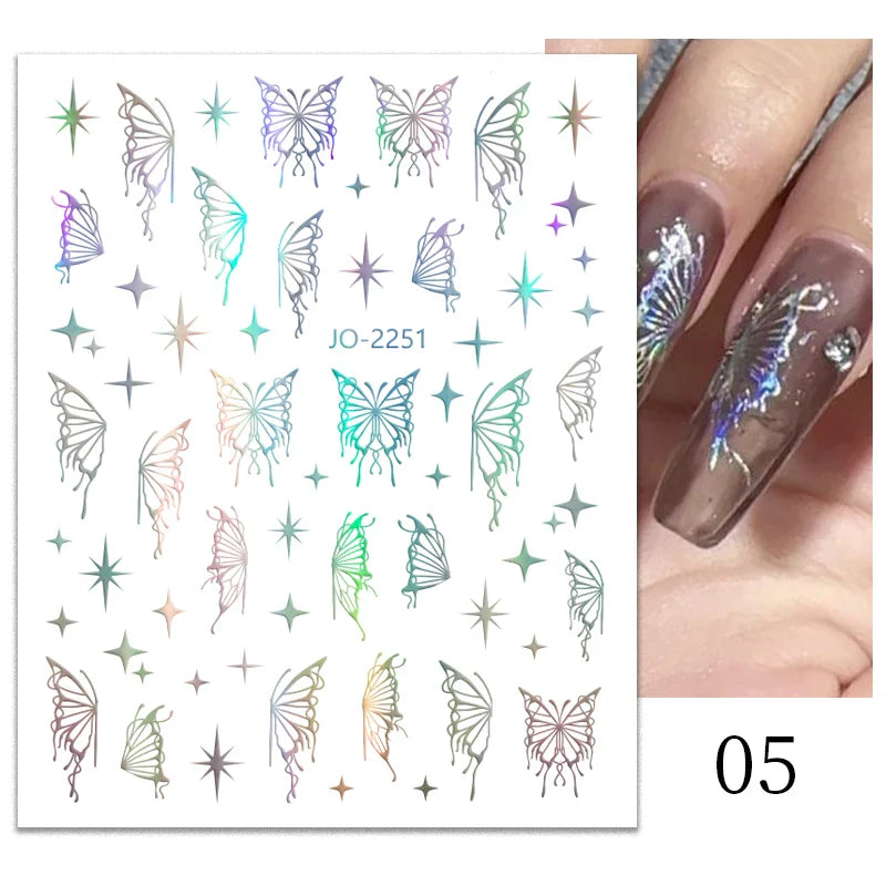 Aichashi 1PCS Black White Butterfly Laser Nail Stickers Y2K Nail Art Decoration Abstract Lines Bronzing Flowers Stickers For Nails