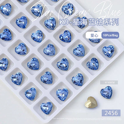 10pcs/bag K9 Diamond Nails Art Decoration Special Shaped Rhinestones for Nails Heart Light Blue DIY Nail Design