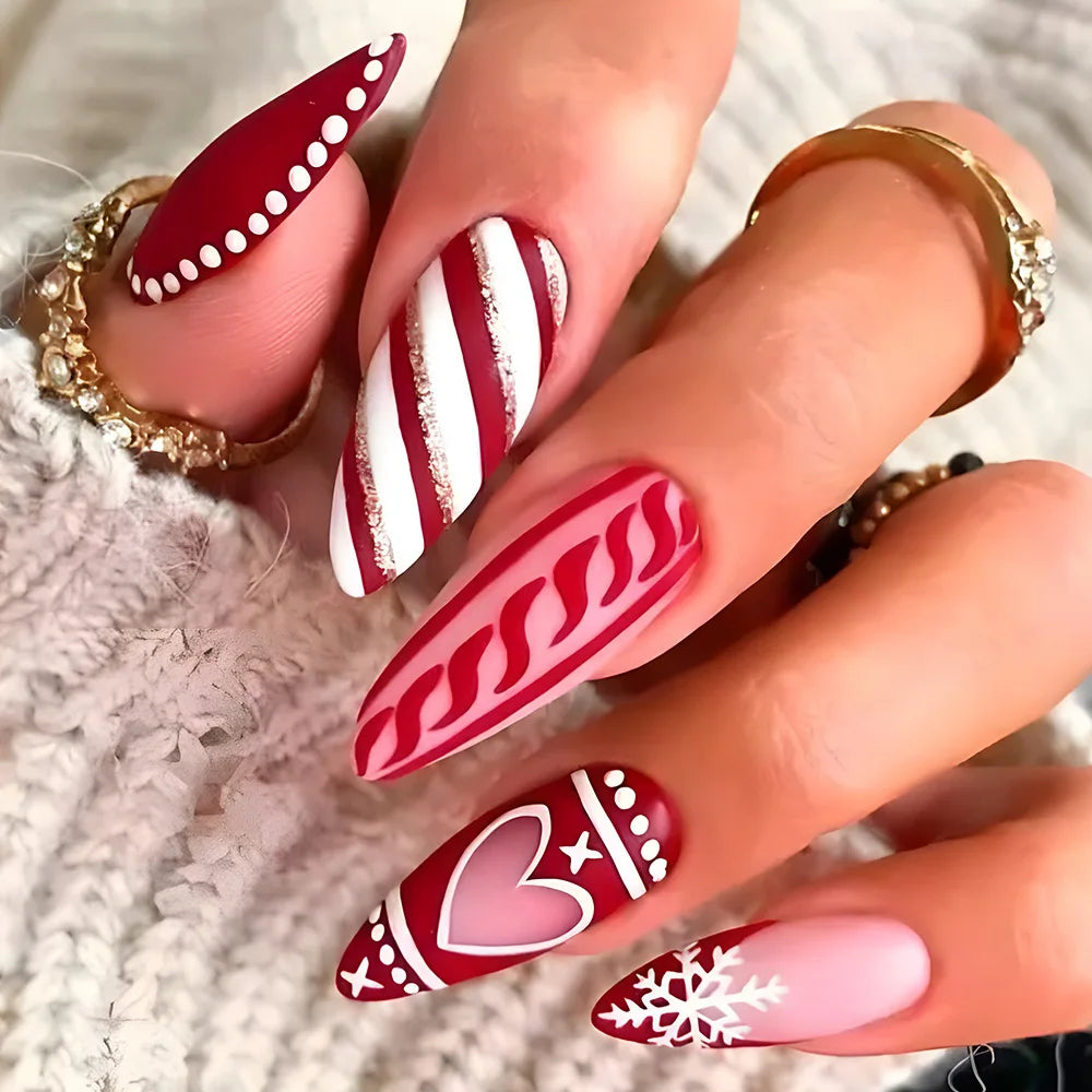 aichashi New Christmas Fake Nails Cute Elk Snowflake Pattern Red Color Press on Nails Artificial Nails Tip Christmas Gifts for Girls