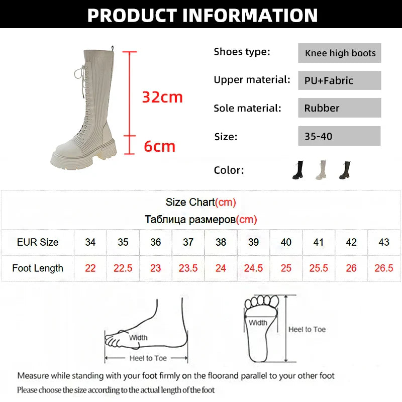 Aichashi Autumn Winter New Chunky Platform Long Boots Women Thick-soled Stretch Knitted Knee High Boots Woman Botas De Mujer