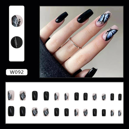 24Pcs/Set Medium Long French Wear False Nails Art Blue Wave Press on Acrylic Nail Tips Hot Fake Nails Collection Stick on Nails