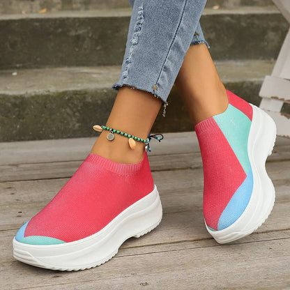 Aichashi Fashion Mix Color Chunky Sneakers for Women Autumn Thick Bottom Platform Sports Shoes Woman Slip On Knitted Vulcanize Shoes