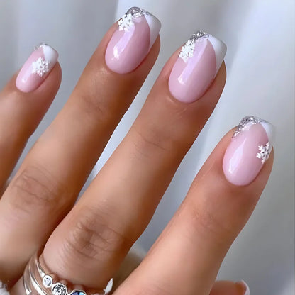 24 Pcs Medium Square Christmas Press On Nails Pink French Style Fake Nails With Rhinestone Shiny Artificial Reusable False Nails