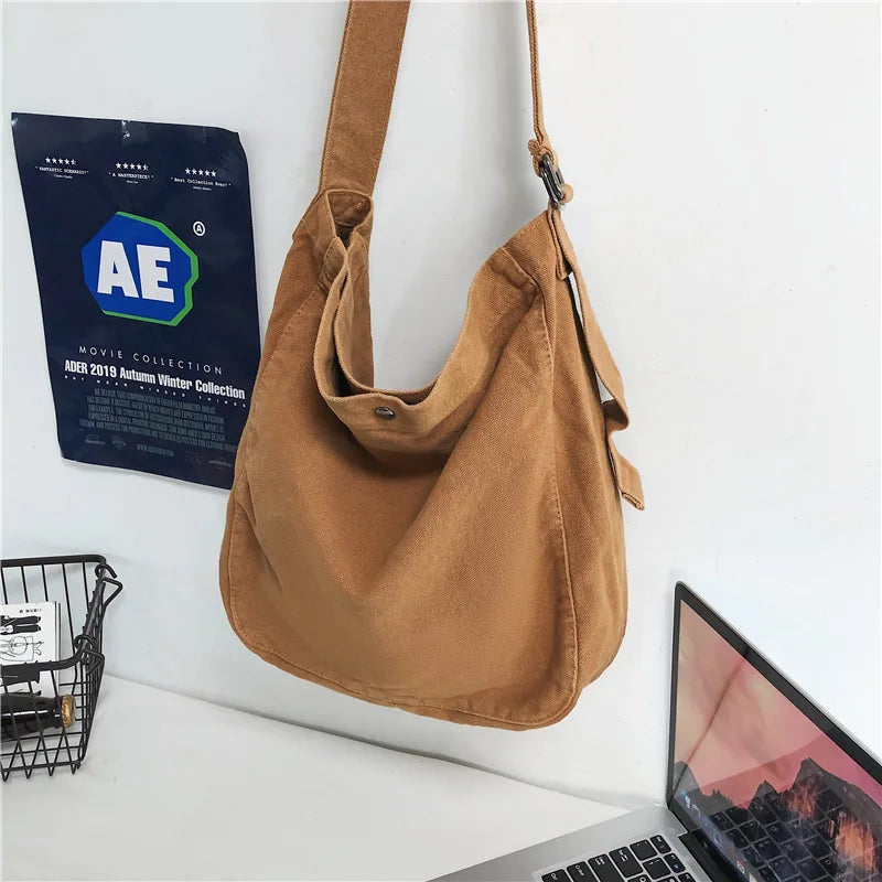 Aichashi BACK TO SCHOOL Minimalist Style Solid Shoulder Bags 100% Cotton Unisex Solid Crossbody Bags Canvas Packages South Korea Casual Messenger Bags