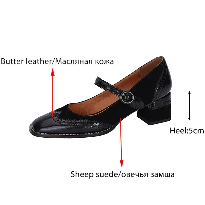 Aichashi Genuine Leather Mary Jane Women's Shoes Fashion Retro Buckle Shallow Pumps Square Toe Thick Heel Handmade Shoes Woman Size 34-40