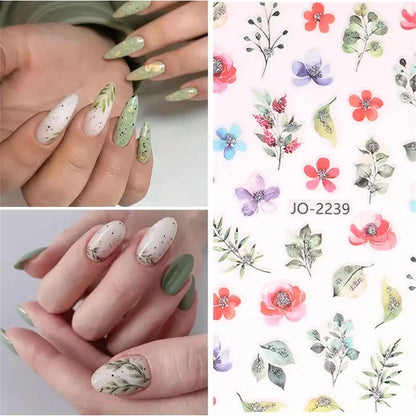 Aichashi 9PCS Spring Flower Nail Art Stickers, Holographic Ink Painting Flower Leaves Nail Transfer Decal Design Girls Nail Pendant