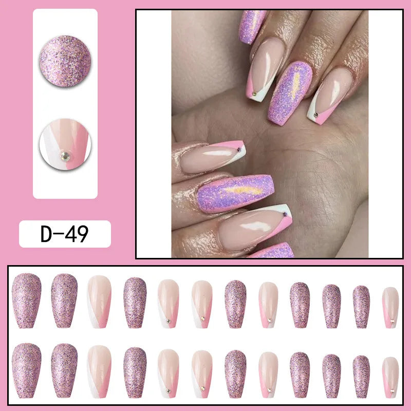 Aichashi 24pcs French Point Diamond Fake Nails Wearing Artificial Square Head Press On Acrylic Nail Art Pearl Patch Almond False Nails