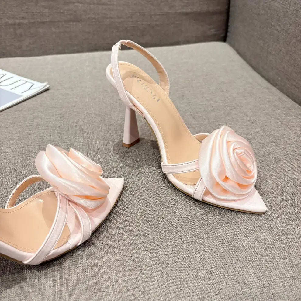 aichashi  -  Rose Flower High Heels Women Fashions Sexy Slingback Sandals Women Designer Sandals Female Satin Floral Pointed Toe Pumps Women