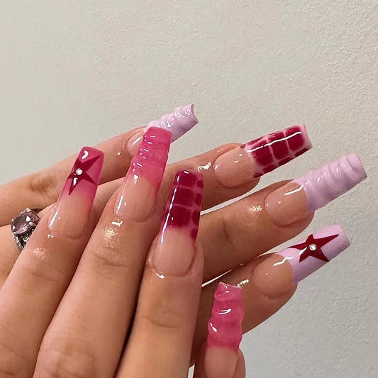 Aichashi 24Pcs Acrylic Press on Nails pink star Butterfly Gradient False Nails Ballet Fake Nails with glue Wearable French Finished