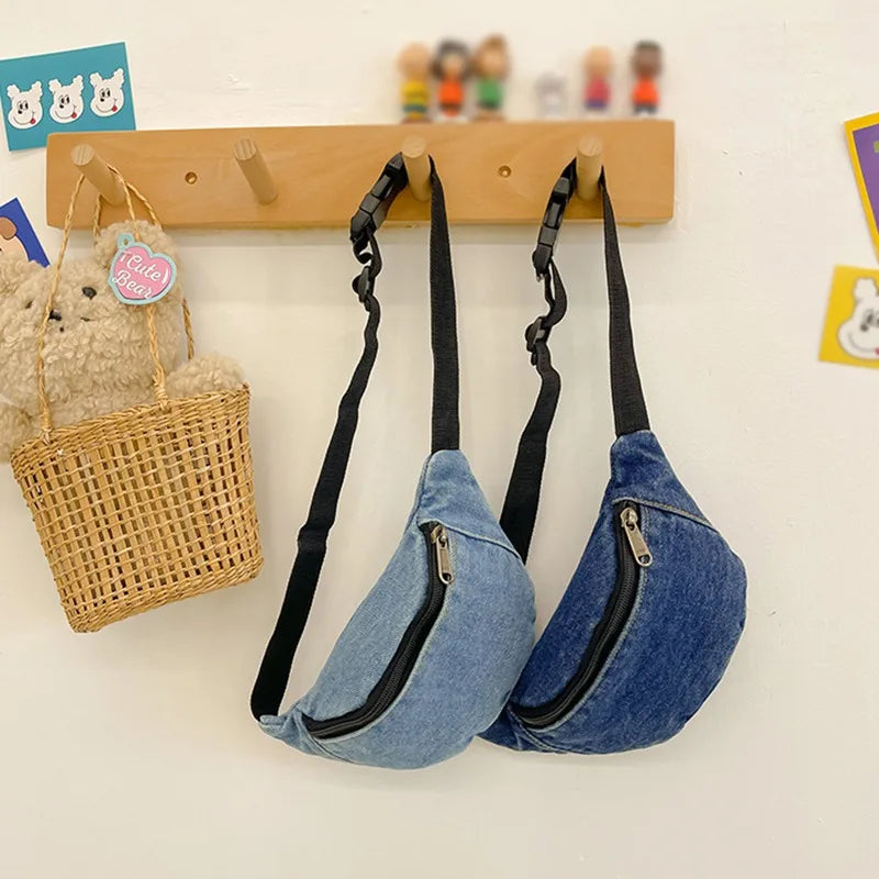 Aichashi Children's Denim Waist Bag Solid Fashion Zipped Kids Waist Pack Casual Outdoor Sport Bodycross Bag Kids Accessories