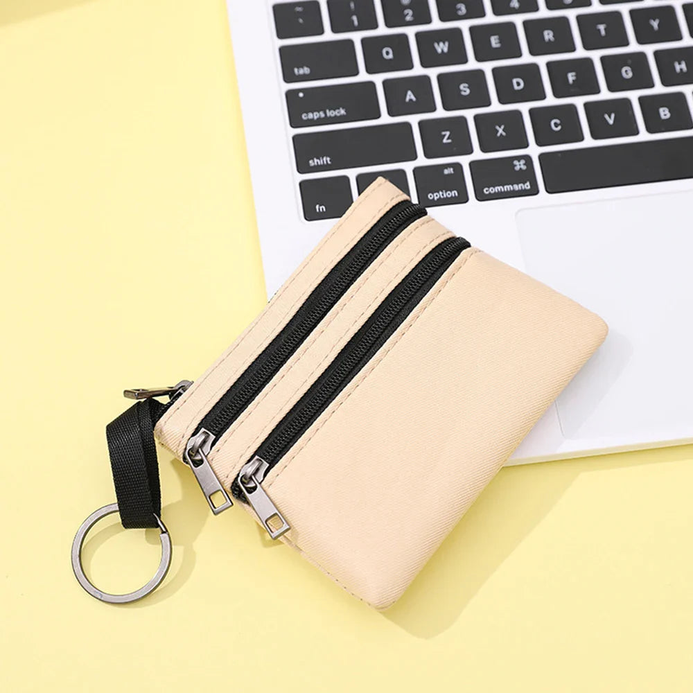 Aichashi 3 Zippers Canvas Coin Purse Women's Mini Wallet Solid Change Purses With Keychain Money Bags Coin Key Storage Bag Card Holder