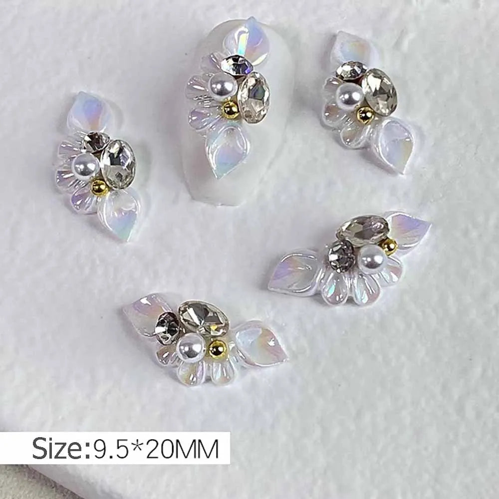 Aichashi 5Pcs Aurora Side Flower Nail Art Charms 3D Acrylic Flowers With Pearl Rhinestone Crystal Nail Art Decoration Nail DIY Accessorie