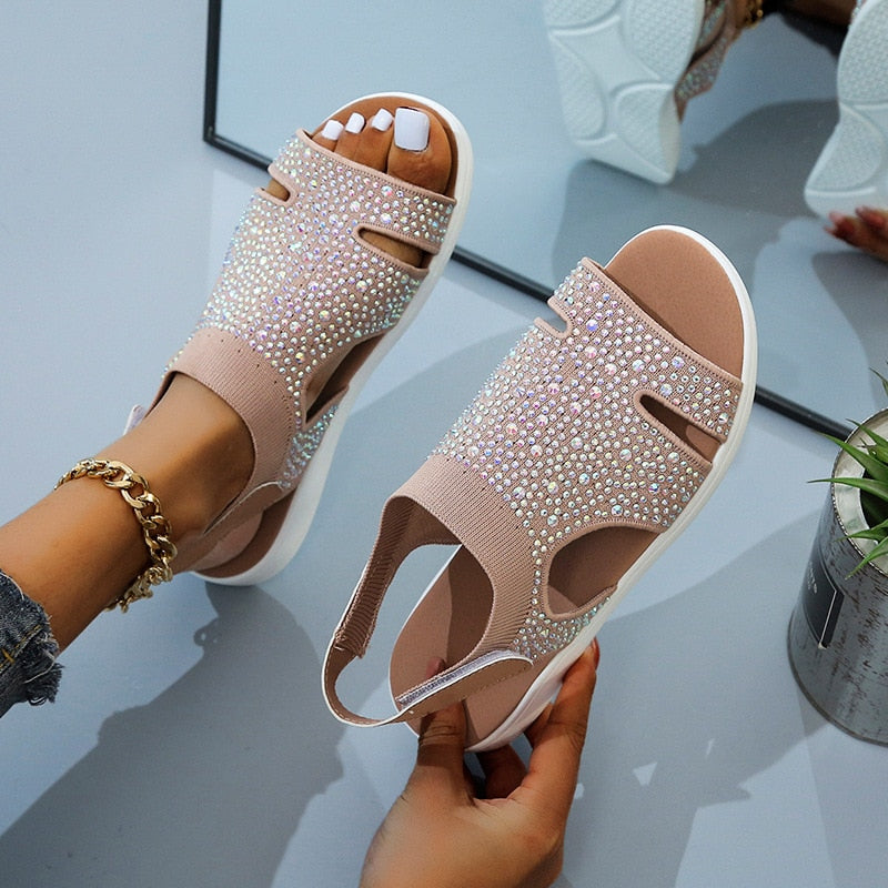 Aichashi New Summer Women Sandals fashion Stretch flying weave Rhinestone Casual Woman Flats Ladies Beach Shoes Women Big size 35-43