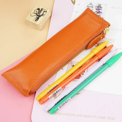 Aichashi BACK TO SCHOOL Natural Leather Zipper Pen Pencil Case Bag Pebbled Grain Leather Creative School Stationary Large Capacity Accessories Pen Pouch