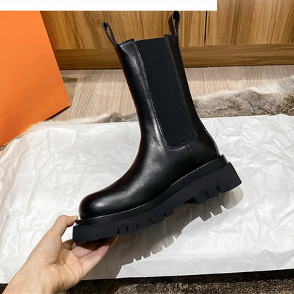 aichashi  -  New Chelsea Boots Women Genuine Leather Luxury Design Chunky Platform Boots Non-slip Thick Bottom Mid-calf Boots for Women