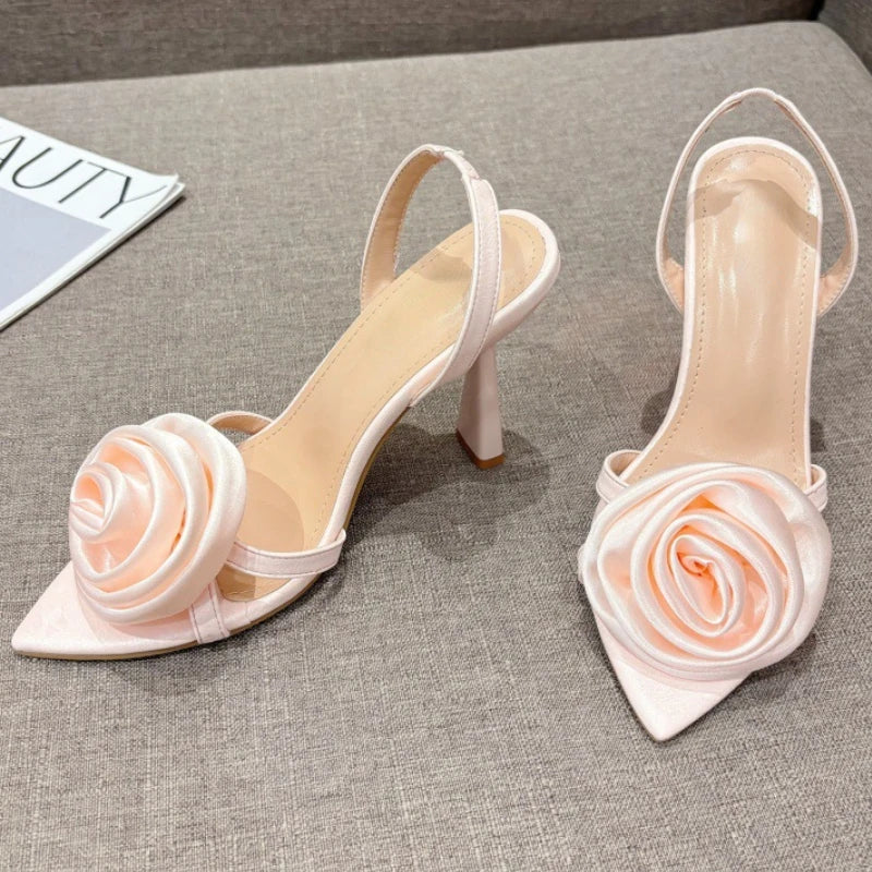 aichashi  -  Rose Flower High Heels Women Fashions Sexy Slingback Sandals Women Designer Sandals Female Satin Floral Pointed Toe Pumps Women