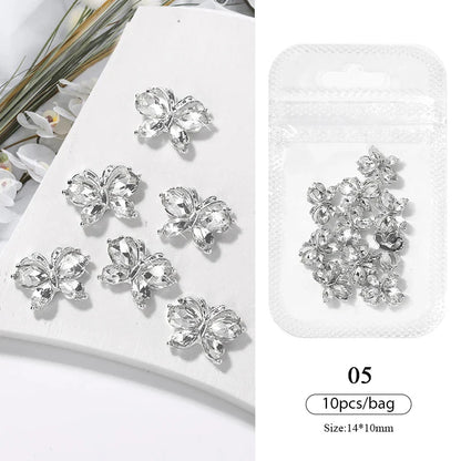 Aichashi 10pcs/bag Butterfly Shaped Nail Rhinestone Star Flower Nail Charm Silver Gold Alloy Nail Pearl Jewelry Accessories Nail Supplies