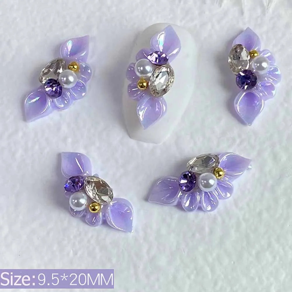 Aichashi 5Pcs Aurora Side Flower Nail Art Charms 3D Acrylic Flowers With Pearl Rhinestone Crystal Nail Art Decoration Nail DIY Accessorie