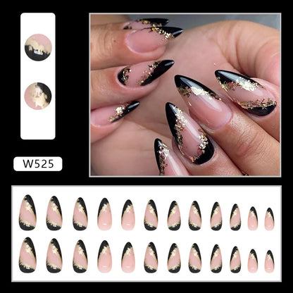 24pcs y2k Cool False Nail Tips Ins Gold Foil Retro Red Fake Nails Manicure Set Almond False Nail Patch for Girl Women Wearable