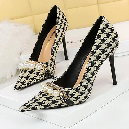 aichashi  -  Shoes Checked Grain Women Pumps Quality High Heels Pearl Chain Design Women Heels Stilettos Luxury Banquet Shoes