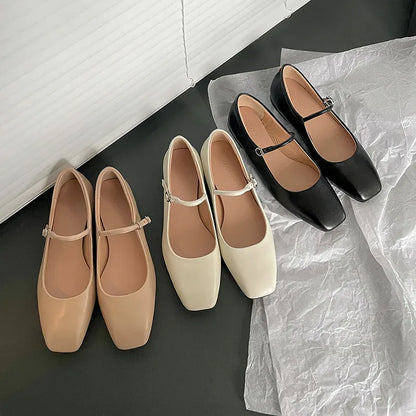 Aichashi Fashion Pumps New High Quality Genuine Leather Vintage Mary Jane Shoes Square Toe High Heels Flat Shoes Lightweight Shoes