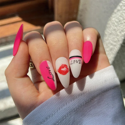 24Pcs Almond False Nails With Tools Cute Heart Strawberry Chili Design French Checkerboard ABS Press On Nails Fake Tips Wearable