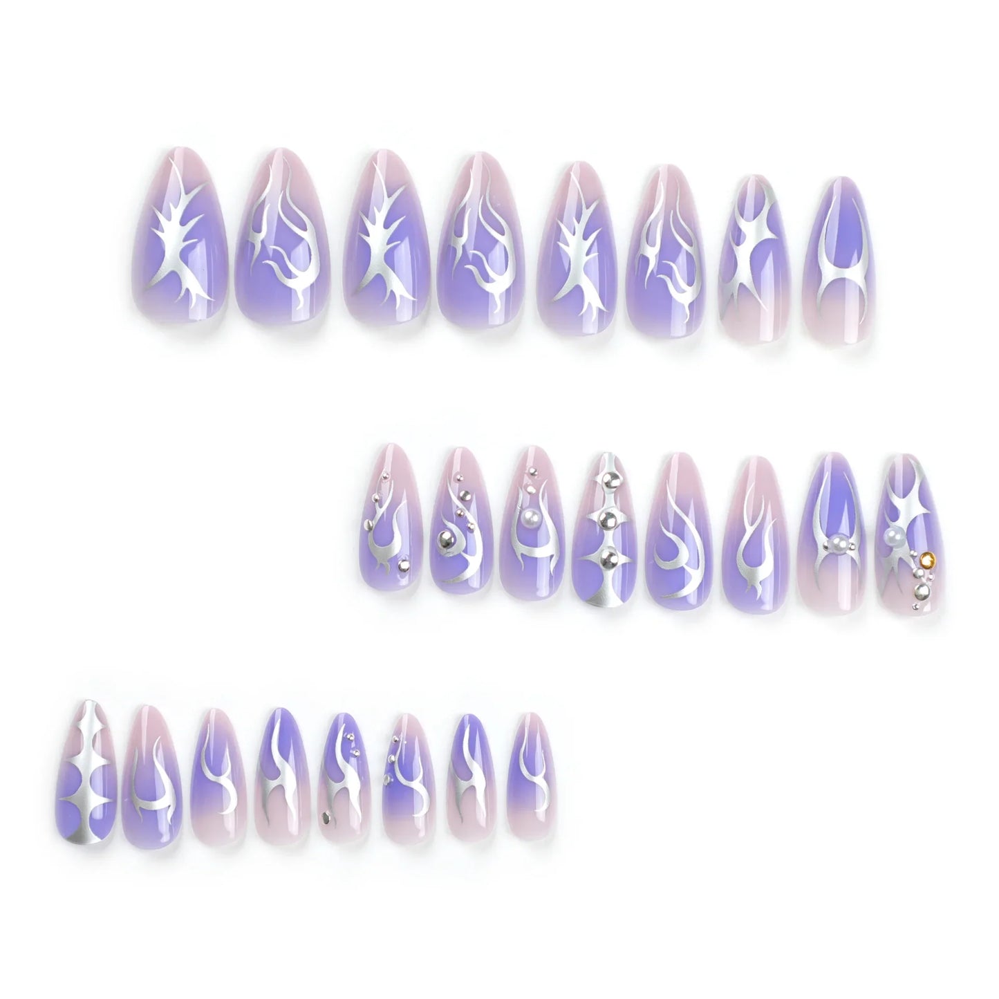 Aichashi 24pcs Fake Y2k Nails Press On Long Almond Nails Silver Flame Stripes False Nails Decoration Glitter Reusable Nail Tips Finished