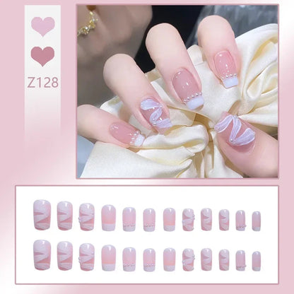 Aichashi 24pcs/box Fake Nails Press on Reusable with Designs Set French Artificial Aurora Diamond False Tipsy Stick-on Nails Tips Art