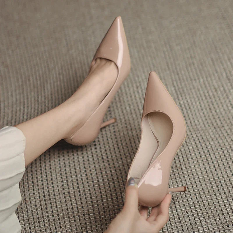 Aichashi Autumn New Nude Lacquer Leather High Heels with Thin Heels Versatile Pointed Shallow Mouth Single Shoes