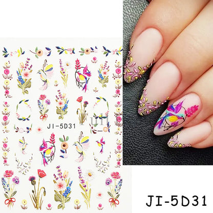 Aichashi 5D Embossed Nail Stickers Flowers Bird Geometric Lines Gold Frame Floral Nail Decals Cherry Blossom Y2K Manicure Decor