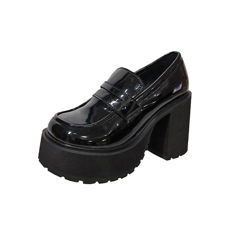 Aichashi Chunky Platform Loafers Heel Patent Leather Slip On Casual Shoes Women Lady Office Shoes Japanese Lolita Black Heels