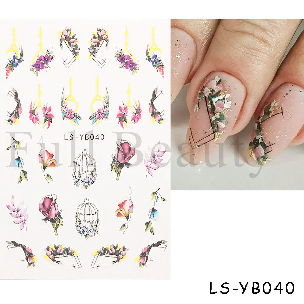 Aichashi 5D Embossed Nail Stickers Flowers Bird Geometric Lines Gold Frame Floral Nail Decals Cherry Blossom Y2K Manicure Decor