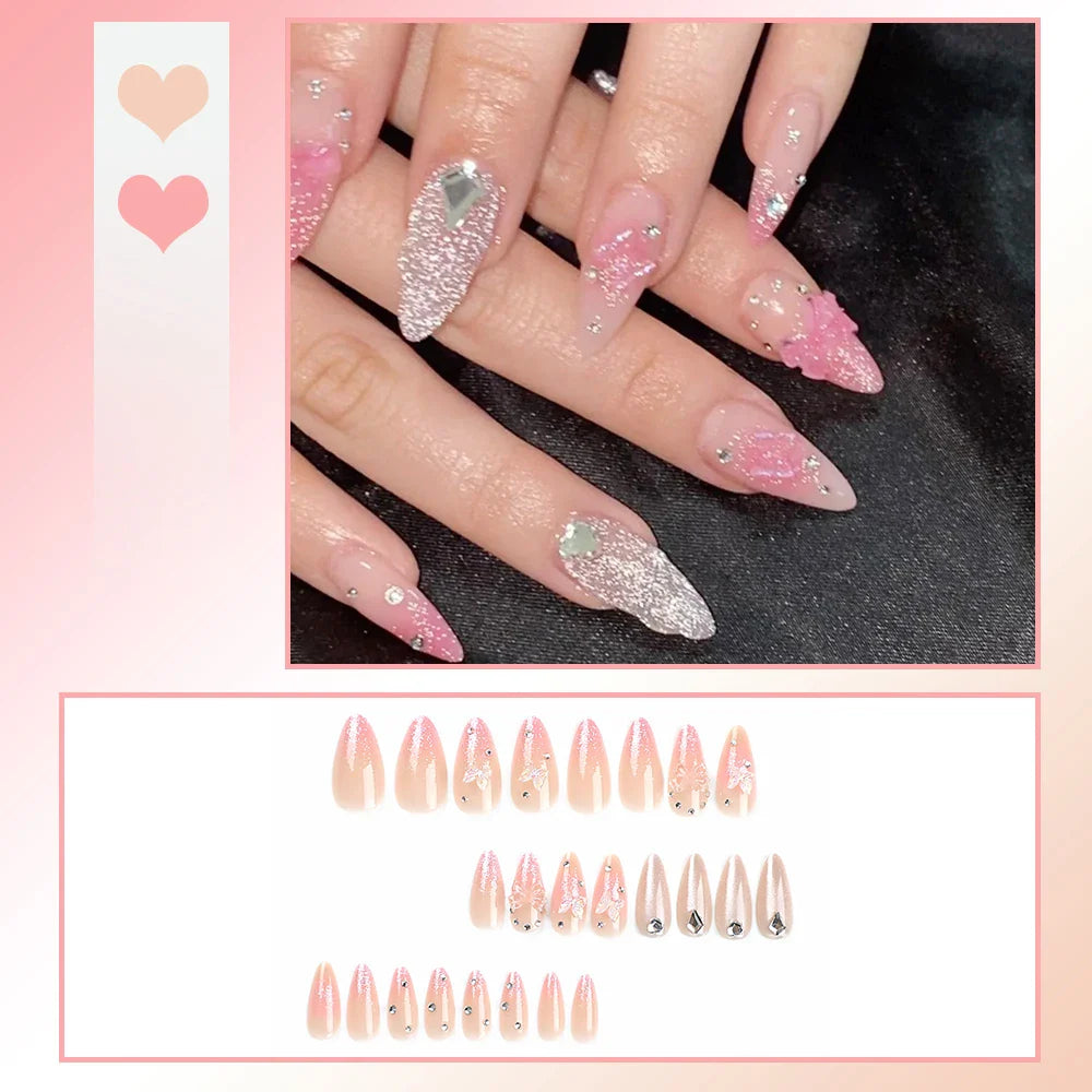 24PCS Sweet Strawberry Press on Nails French Pearl Design Almond False Nails Girl Gifts Detchable Full Cover Fake Nail Patches