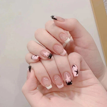 Aichashi Korean Sweet Girl False Nails y2k Pink Five-pointed Star Printed Fake Nails Short Cute White Edge Artificial Nail Patch 24pcs