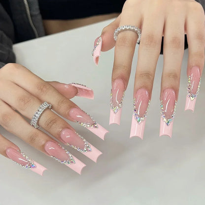 Aichashi 24Pcs Pink French False Nails French with Rhinestone Acrylic Fake Nail Tips Detachable Coffin Press on Nails Full Cover Manicure