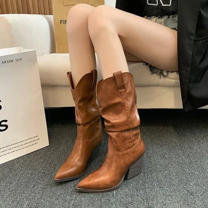 Aichashi High Heels Mid Calf Pleated Boots for Women Autumn Winter Brown Pu Leather Western Boots Woman Thick Heeled Cowgirl Botas Mujer