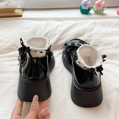 aichashi Kawaii Lace Bowknot White Lolita Shoes Women Heart Buckle Platform Mary Janes Woman Japanese Style Patent Leather Jk Shoes