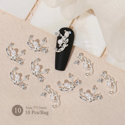 Aichashi 10pcs/bag Butterfly Shaped Nail Rhinestone Star Flower Nail Charm Silver Gold Alloy Nail Pearl Jewelry Accessories Nail Supplies