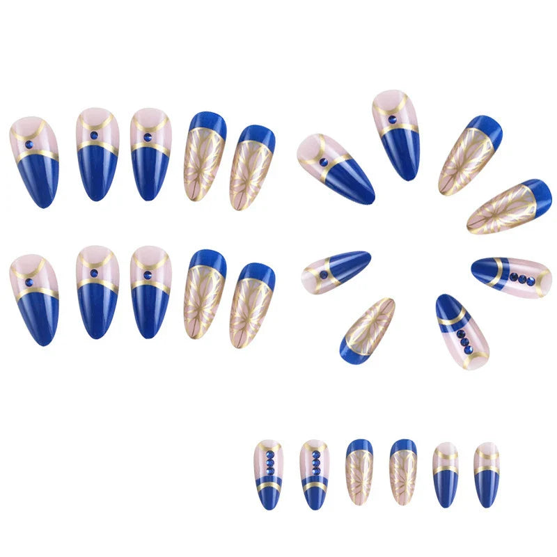 Aichashi 24pcs Mid-length Almond Shape Press On Nails, Blue Fake Nail With Rhinestone Decor, Glitter Full Cover Nails For Women