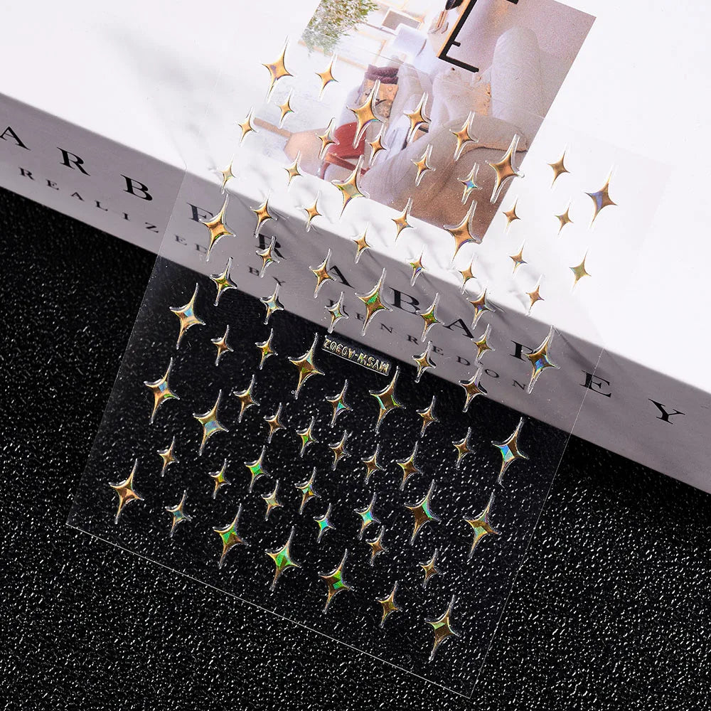 3D Gold Sun/Moon/Star Bronzing Nail Art Sticker 8*10cm Laser Star Moon Design Nail Decal Gold Silver Self-Adhesive Slider