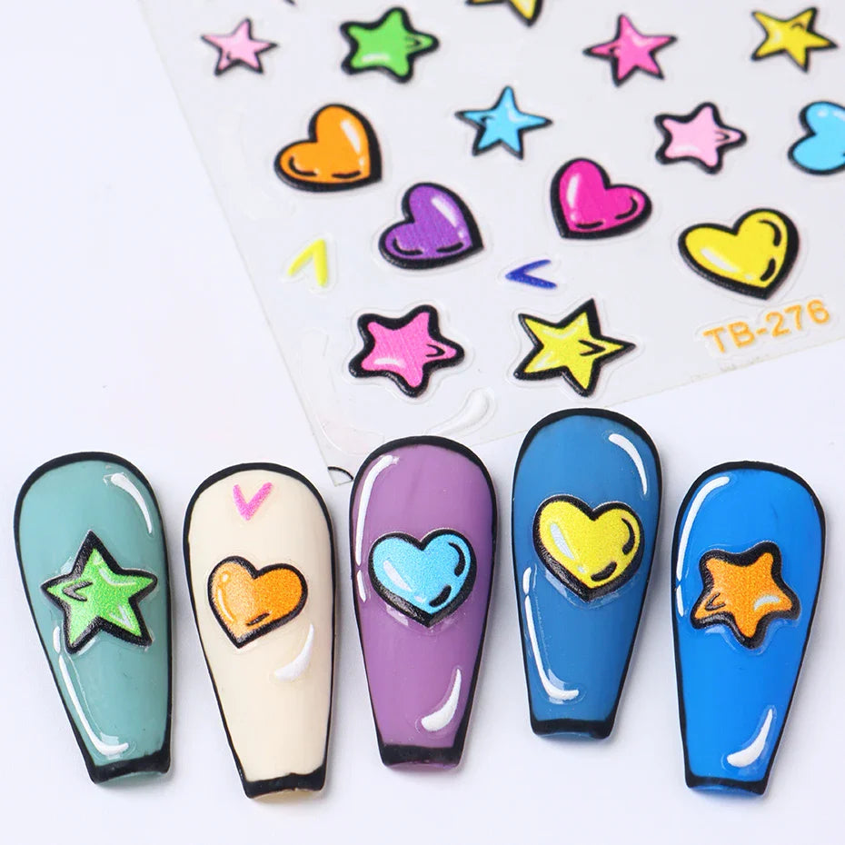 Aichashi Heart Nail Sticker 3D Comic Cartoon Colorful Heart Star Sliders Cute Nail Design Korean Style Translucent Gel Polish Wraps Decal