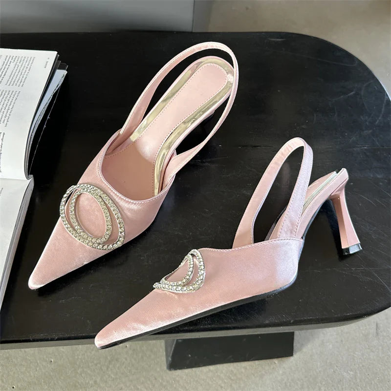 aichashi  -  Fashion Silk Pointed Diamond Decoration New Women's Sandals Summer Slingback High Heels Shoes Pumps Mules