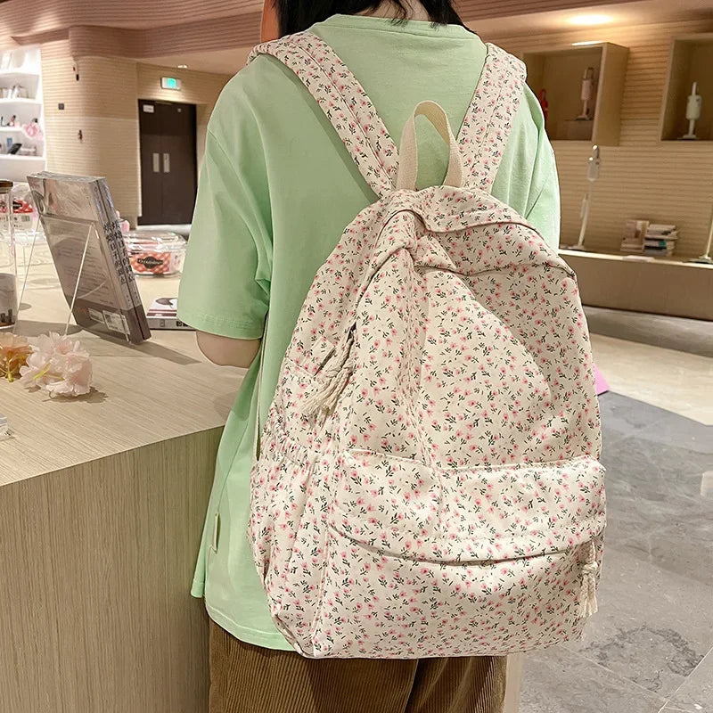 Aichashi BACK TO SCHOOL Japanese Style Fresh Floral Women's Middle School Bag Lightweight Nylon High School Big Student Bookbag Sweet Girlish Design