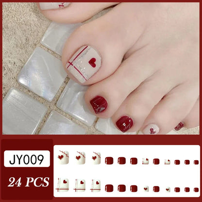 Aichashi False Toe Nails Summer Simple Wearable Fake Toenails Set Press On Nail French Removable Nail Stickers With Glue For Girls 24pcs