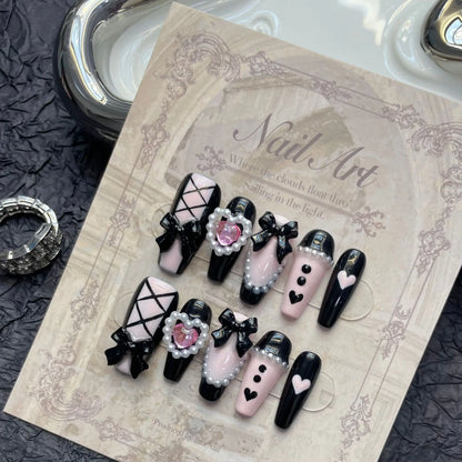 10pcs Handmade Y2k black Press On Nails Pink Heart Design Reusable Fake Nails Artificial Manicure Wearable False Nails For Girls