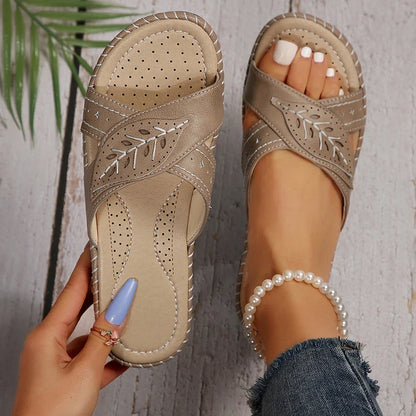 Aichashi Ethnic Style Wedges Sandals Women 2024 Summer Pu Leather Low Heels Slippers Woman Lightweight Non Slip Outdoor Slides Female