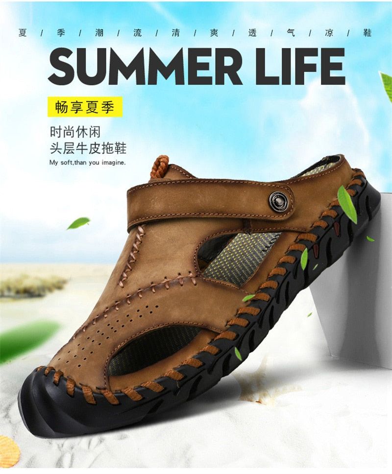 Aichashi Sandals Summer Men Leather  Classic Men Shoes Slippers Soft Sandals Men Roman Comfortable Outdoor Walking Footwear