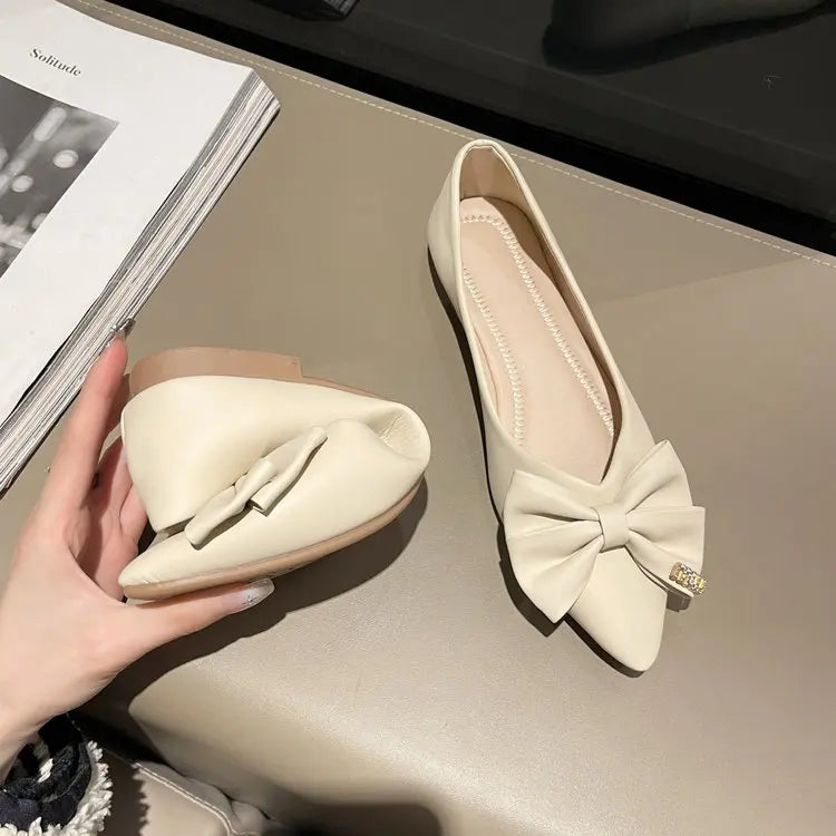 Aichashi 2024 Leather Spring Autumn Handmade Bowknot Flats Ballerina Shoes Women Loafers Soft Leather Metal Button Women Flats Shoes