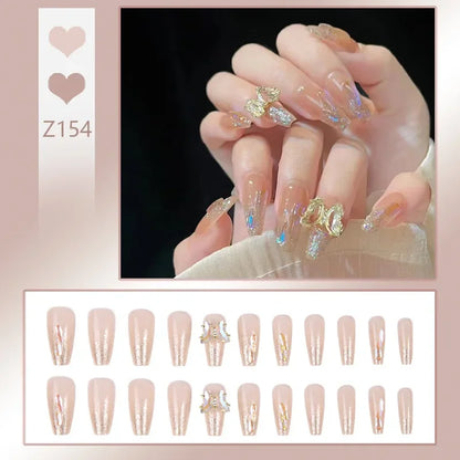 Aichashi 24pcs/box Fake Nails Press on Reusable with Designs Set French Artificial Aurora Diamond False Tipsy Stick-on Nails Tips Art