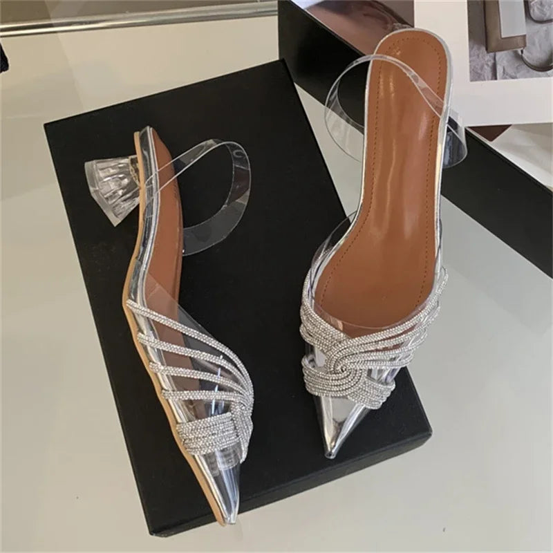 aichashi  -  Elegant PVC Transparent Crystal Low Heels Pointed Toe Women Pumps Street Style Slingbacks Banquet Party Shoes